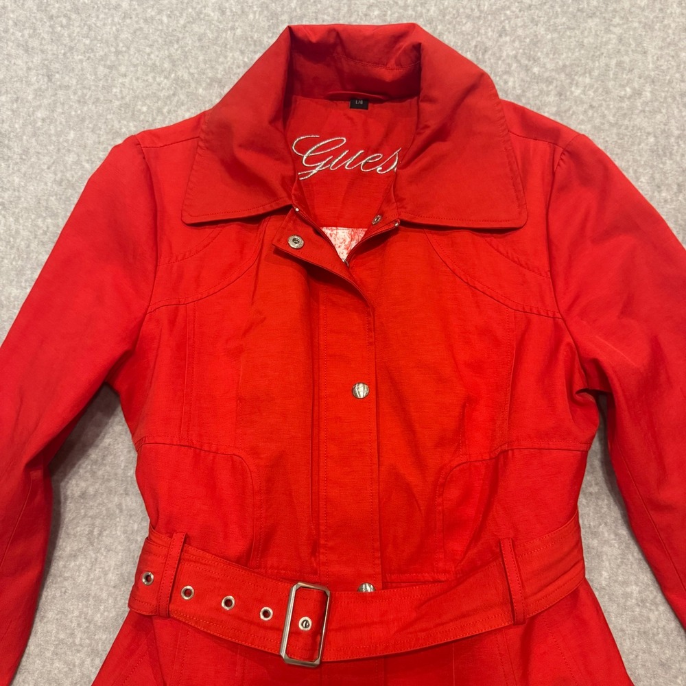 Guess‎ Womens Red Belted Trench Coat Pleated Hem Paisley Lining Large Y2K - Picture 3 of 15